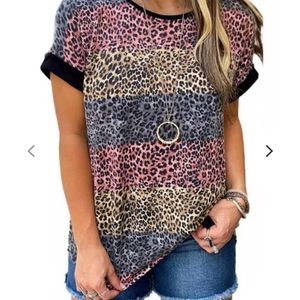 Blue Pink Yellow Leopard Print Patchwork T-Shirt